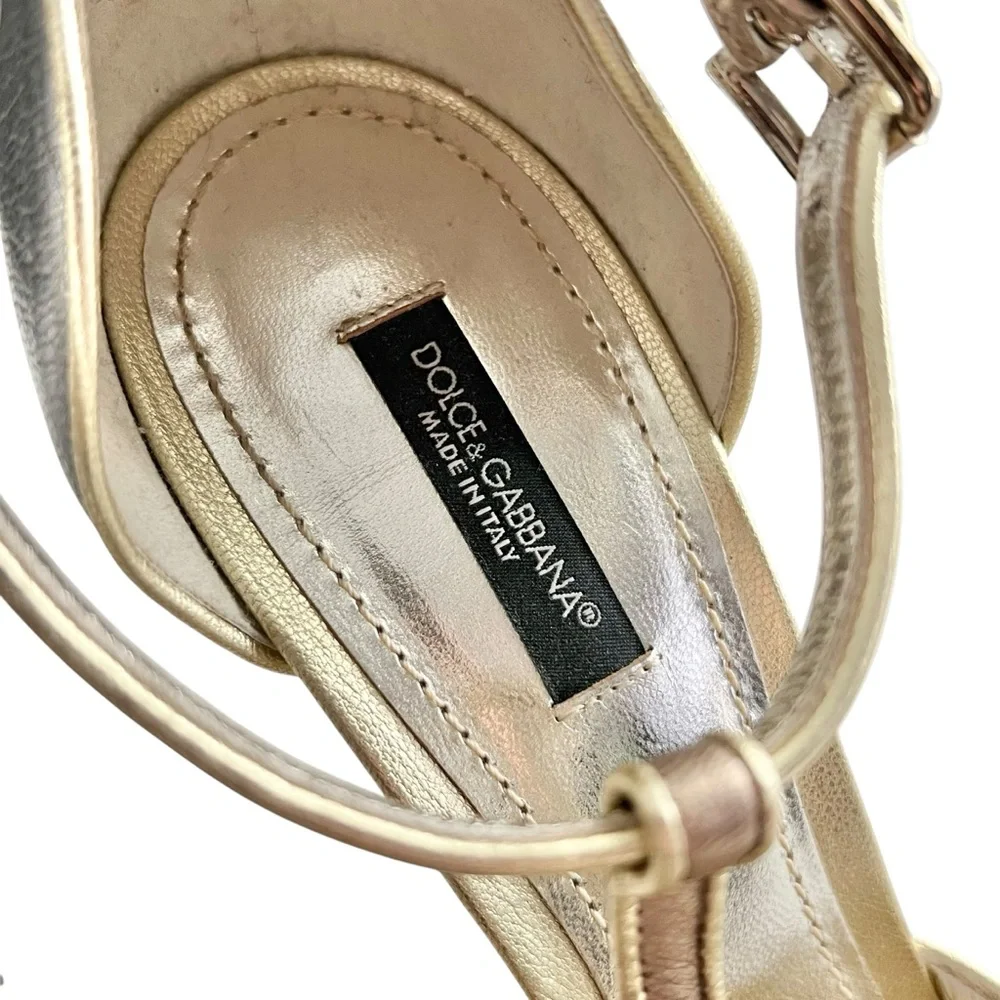 VTG Dolce & Gabbana D&G Leather Metallic T-Strap Peep Toe Mirror Block Heels - Picture 5 of 13